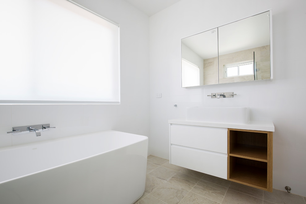 Large scandinavian kids bathroom in Sydney with light wood cabinets, an open shower, multi-coloured tile, porcelain tile, white walls, porcelain floors, engineered quartz benchtops and an open shower.