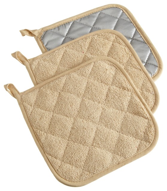 DII Terry Pot Holder Pebble, Set of 3 Contemporary Oven Mitts And