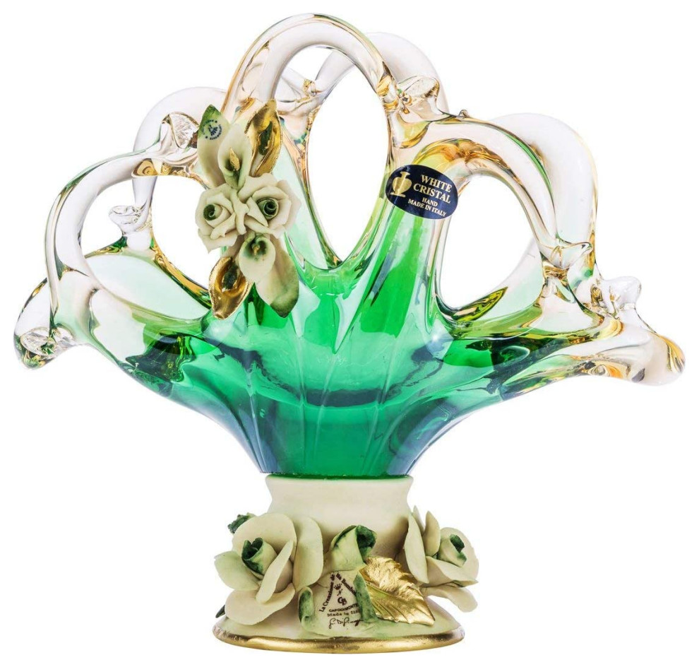 Premium Italian Collection Murano Glass Napkin Holder 24K Gold, Green