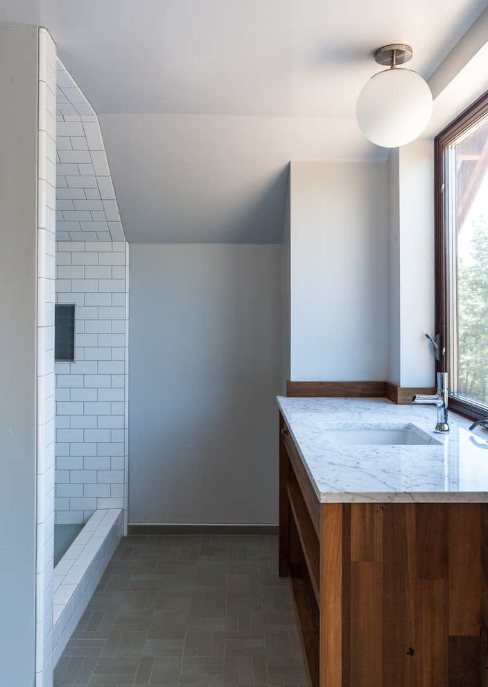 Inspiration for a small contemporary bathroom in Sacramento with an undermount sink, open cabinets, medium wood cabinets, an open shower, ceramic tile, grey walls and ceramic floors.