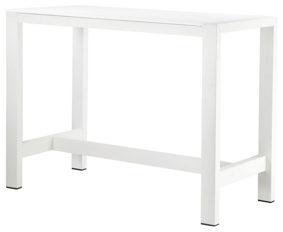 Benzara BM287806 Outdoor Bar Height Table, White Aluminum Frame, Plank
