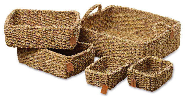 Rectangular Rustic Chunky Weave Seagrass Nesting Baskets, 5-Piece Set