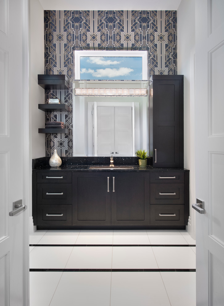 Inspiration for a mid-sized transitional master bathroom in Miami with shaker cabinets, dark wood cabinets and an undermount sink.