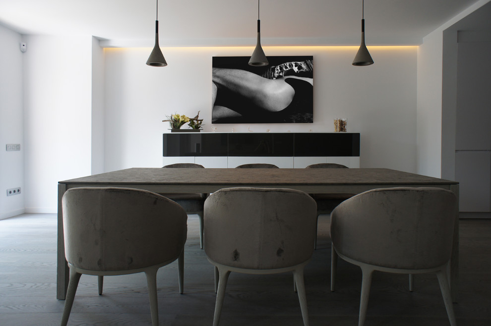 Diseño de comedor actual grande abierto sin chimenea con paredes blancas