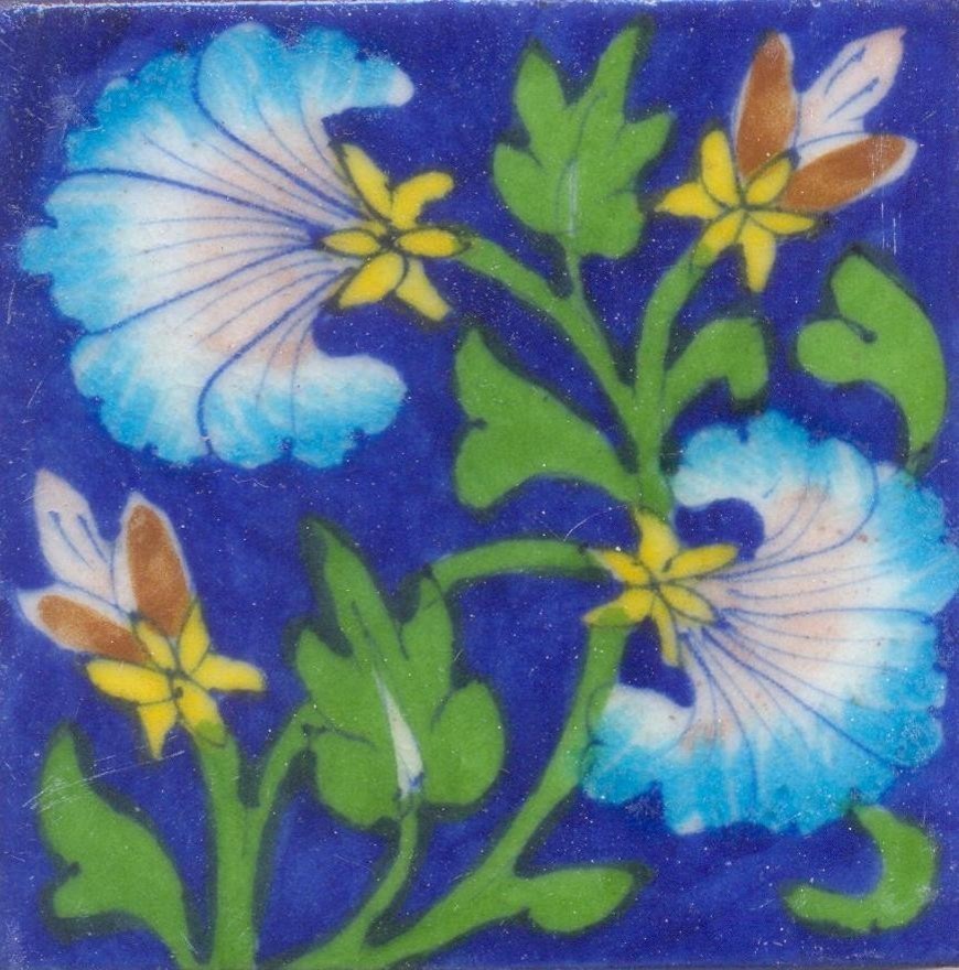 3"x3" Turquoise and Pink Flowers and Green Leaf Tiles, Set of 6
