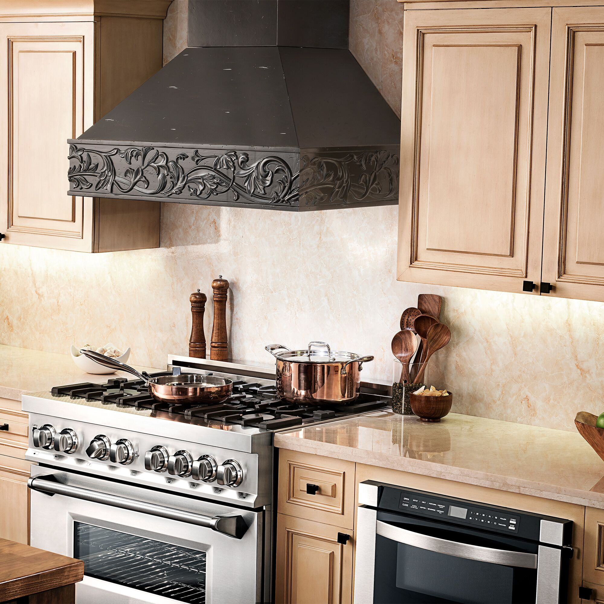 Kitchens featuring a ZLINE Wooden Wall Range Hood