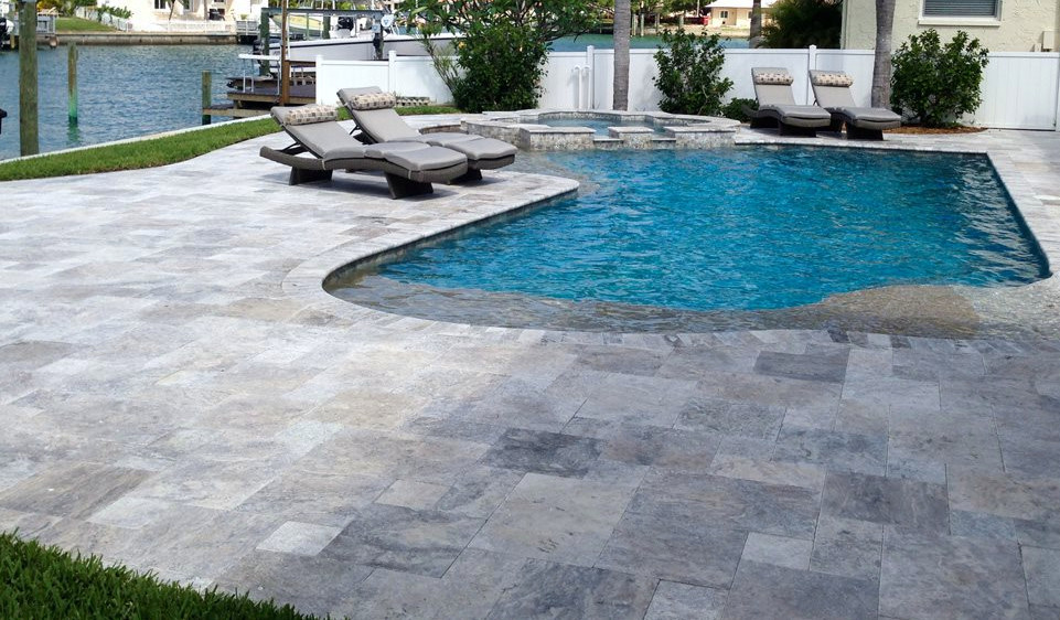 Silver travertine pool patio