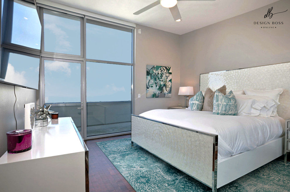 サンディエゴにある小さなコンテンポラリースタイルのおしゃれな主寝室 (グレーの壁、コンクリートの床、グレーの床) のレイアウト