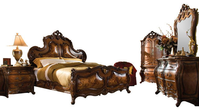 palais royale 4-piece king panel bedroom set, rococo cognac
