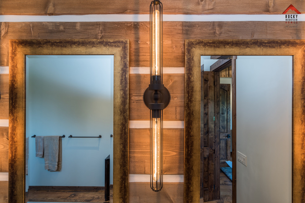 Corner shower - small rustic 3/4 medium tone wood floor and brown floor corner shower idea with distressed cabinets, a trough sink, wood countertops and a hinged shower door