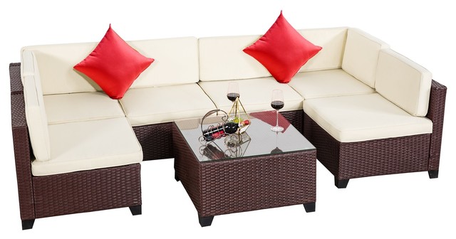Rattan Wicker Outdoor Sectional Furniture 7-Piece Set, Brown