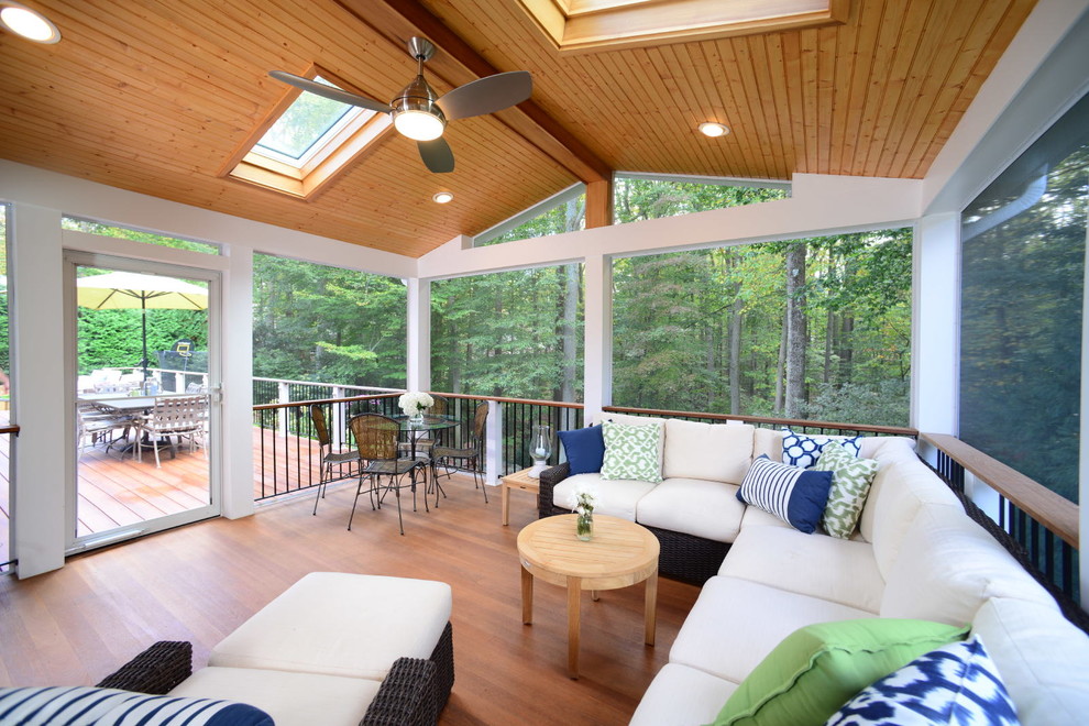 Large transitional backyard screened-in verandah in DC Metro with decking and a roof extension.