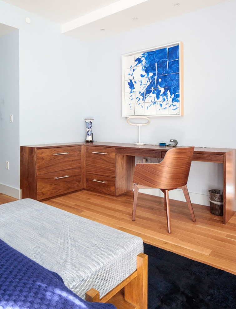 Mittelgroßes Modernes Hauptschlafzimmer ohne Kamin mit weißer Wandfarbe und braunem Holzboden in New York