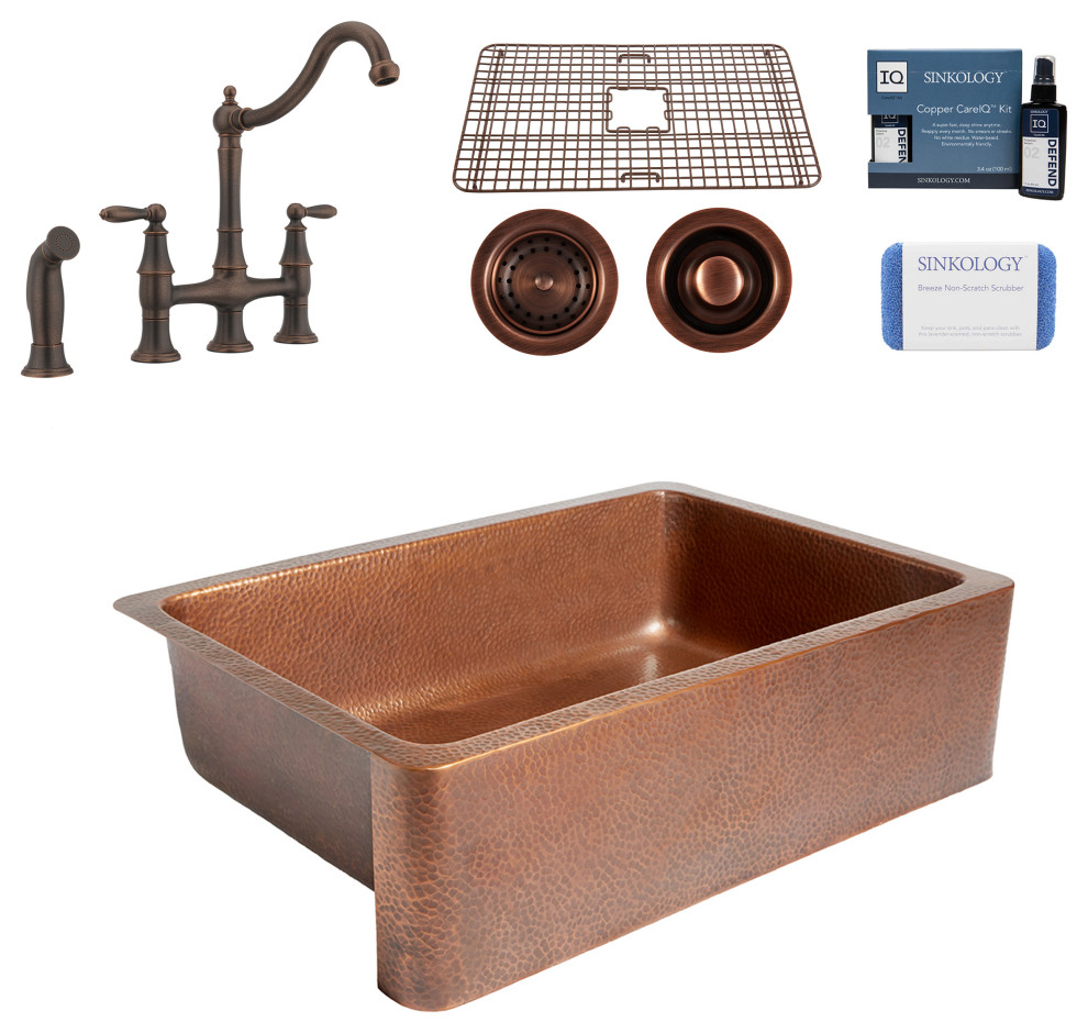 Adams Copper 33" Single Bowl Farmhouse Apron Kitchen Sink with Bridge Faucet Kit