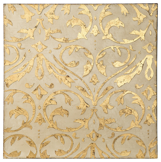 Gold Damask Trefoil Wall Art, Ivory/Gold Contemporary Paintings