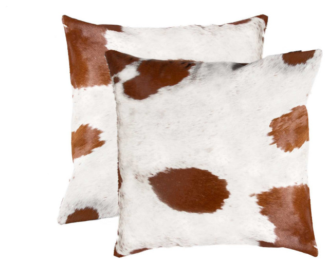18"x18"x5" White and Brown Cowhide Pillow, Set of 2 Southwestern