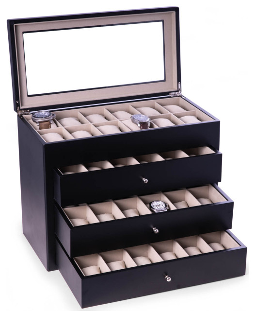 Matte Black Wood 48 Watch Box, Glass Top and Drawer, Velour Lining and