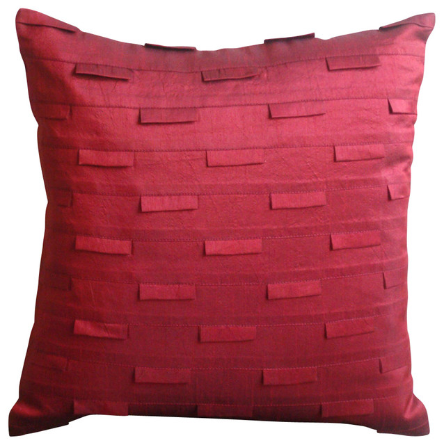 Red Art Silk Pintucks Pillow Cover, Deep Red Ocean Contemporary