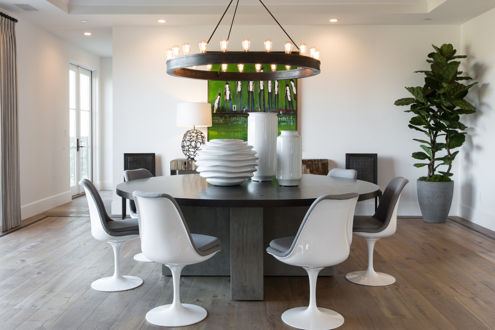 Photo of a mid-sized contemporary separate dining room in Orange County with white walls, medium hardwood floors, no fireplace and brown floor.