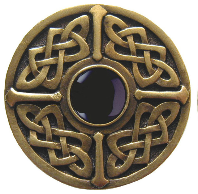 Celtic Knob, AntiqueStyle Brass With Onyx Traditional And