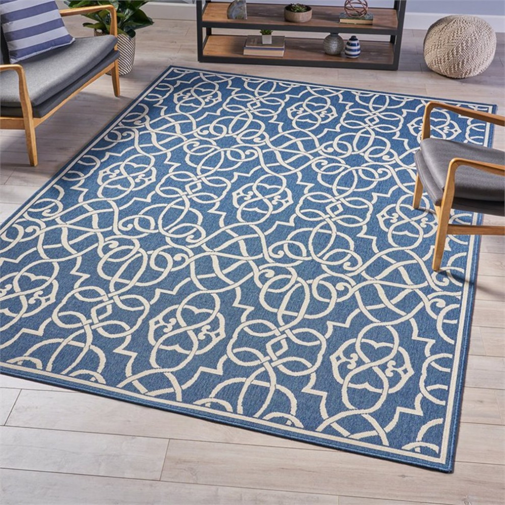 Noble House Jacyntha 130x94" Indoor Fabric Geometric Area Rug in Navy and Ivory