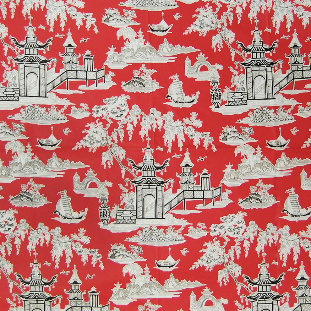 Lacquer Red Asian Chintz Novelty Toile Cotton Made in USA Prin Upholstery Fabric