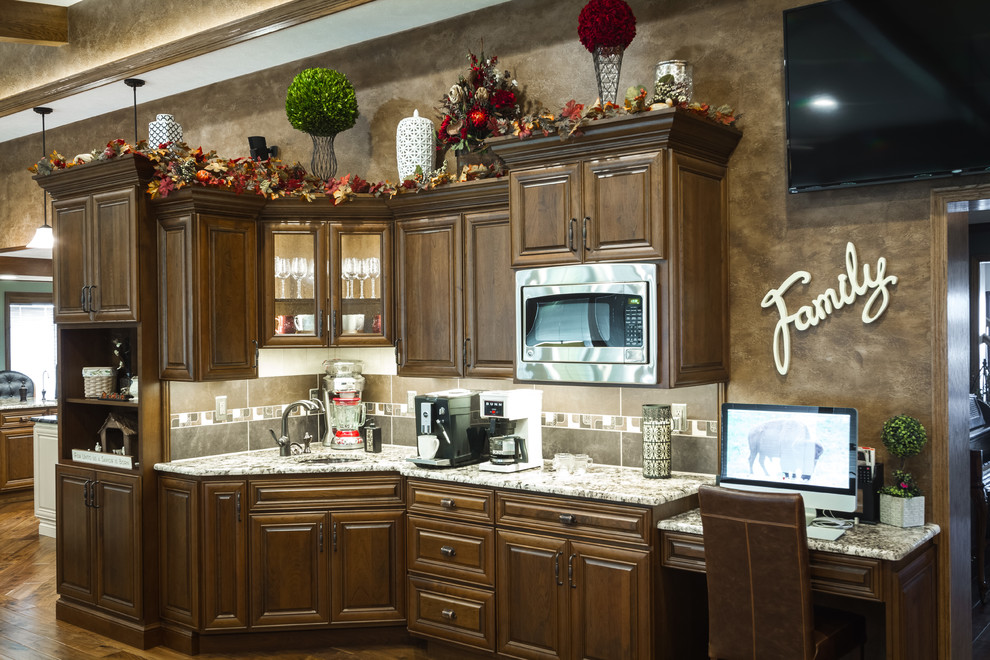 Large transitional l-shaped open concept kitchen photo with a farmhouse sink and two islands