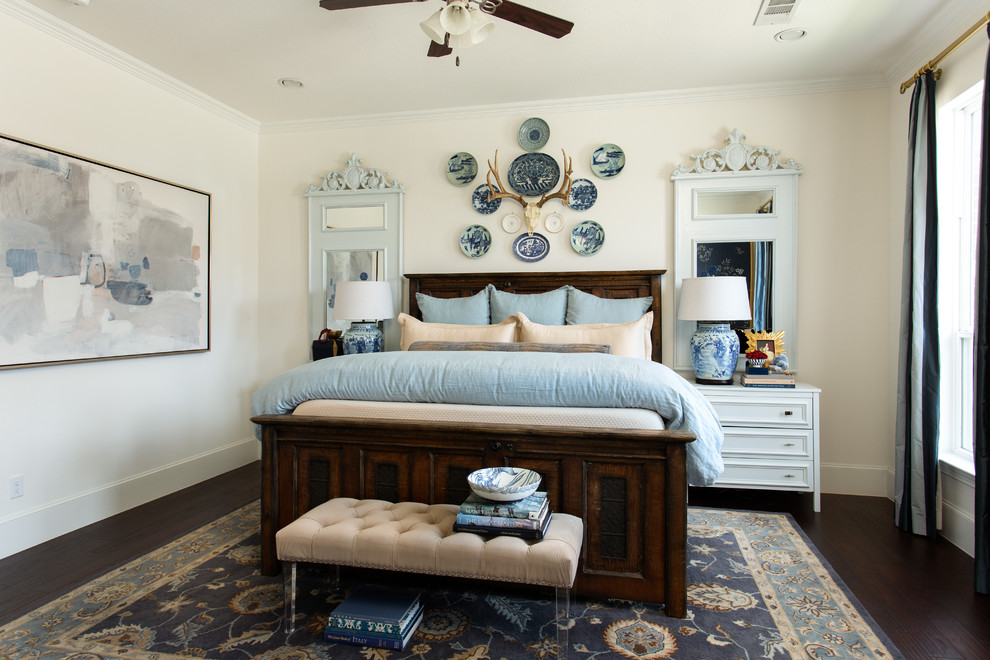 Design ideas for a large transitional master bedroom in Dallas with white walls and dark hardwood floors.
