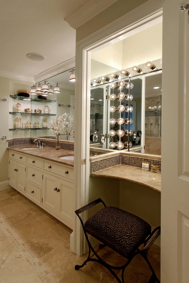 Photo of a mid-sized traditional master bathroom in DC Metro with beaded inset cabinets, white cabinets, an alcove tub, a corner shower, brown tile, ceramic tile, grey walls, ceramic floors, an undermount sink, granite benchtops, brown floor and a hinged shower door.