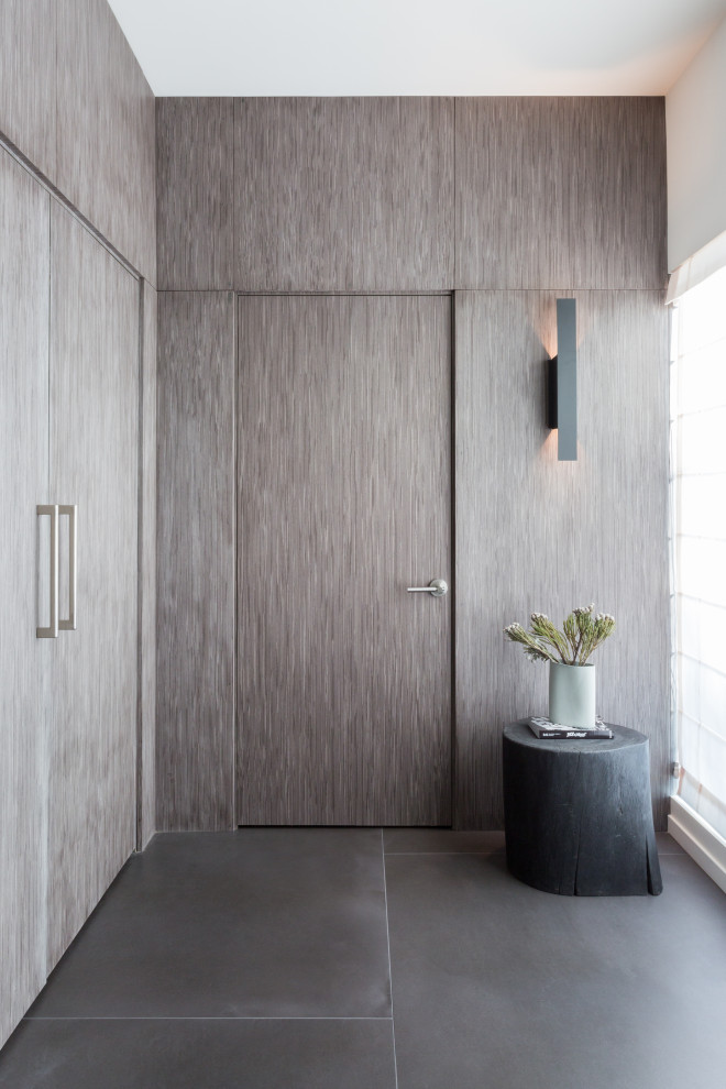 Ejemplo de distribuidor moderno pequeño con paredes grises, suelo de baldosas de porcelana, puerta simple, suelo gris y panelado