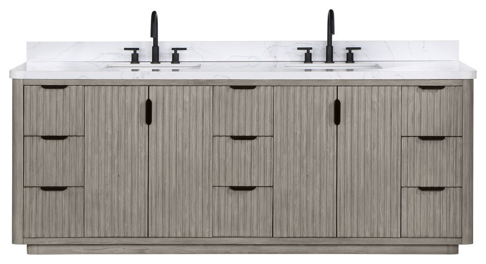 Cadiz Bathroom Vanity with Composite Stone Top, Grey, 84", No Mirror