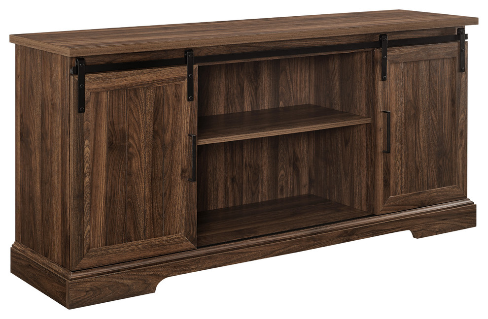 58" Sliding Grooved Door TV Console, Dark Walnut Transitional