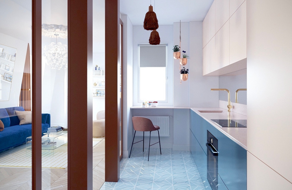 Photo of a mid-sized contemporary l-shaped separate kitchen in Paris with an integrated sink, flat-panel cabinets, pink cabinets, limestone benchtops, metallic splashback, mirror splashback, cement tiles, no island, turquoise floor and beige benchtop.