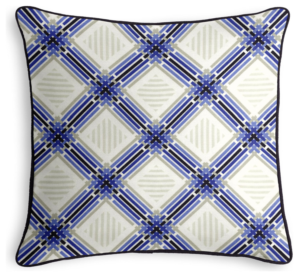 Blue Geometric Outdoor Pillow with Black Cord
