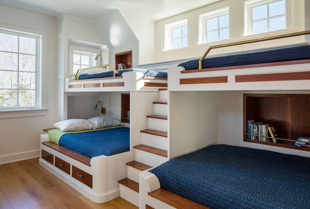 Design ideas for a beach style kids' bedroom for kids 4-10 years old and boys in New York with white walls and medium hardwood floors.