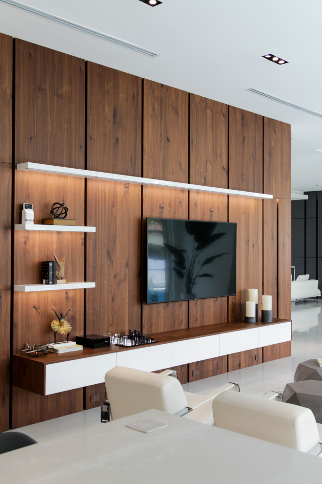 Photo of an expansive contemporary u-shaped open plan kitchen in Miami with an undermount sink, flat-panel cabinets, dark wood cabinets, quartz benchtops, beige splashback, engineered quartz splashback, stainless steel appliances, ceramic floors, with island, white floor and beige benchtop.