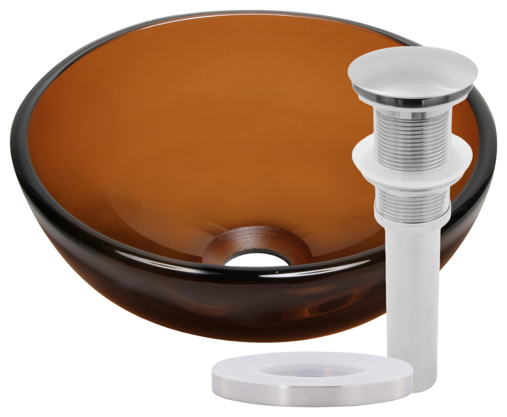 Ty Mini 12" Clear Tea Brown Round Glass Vessel Bathroom Sink with Drain, Brushed Nickel