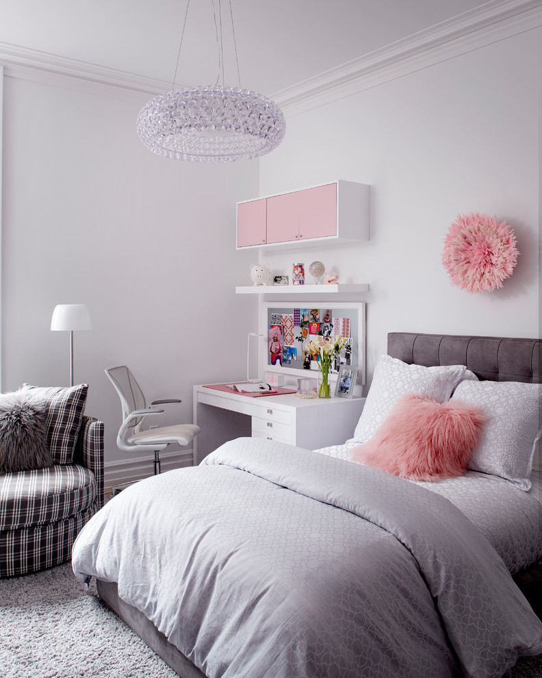 Design ideas for a transitional kids' room for girls in Other with white walls, carpet and grey floor.