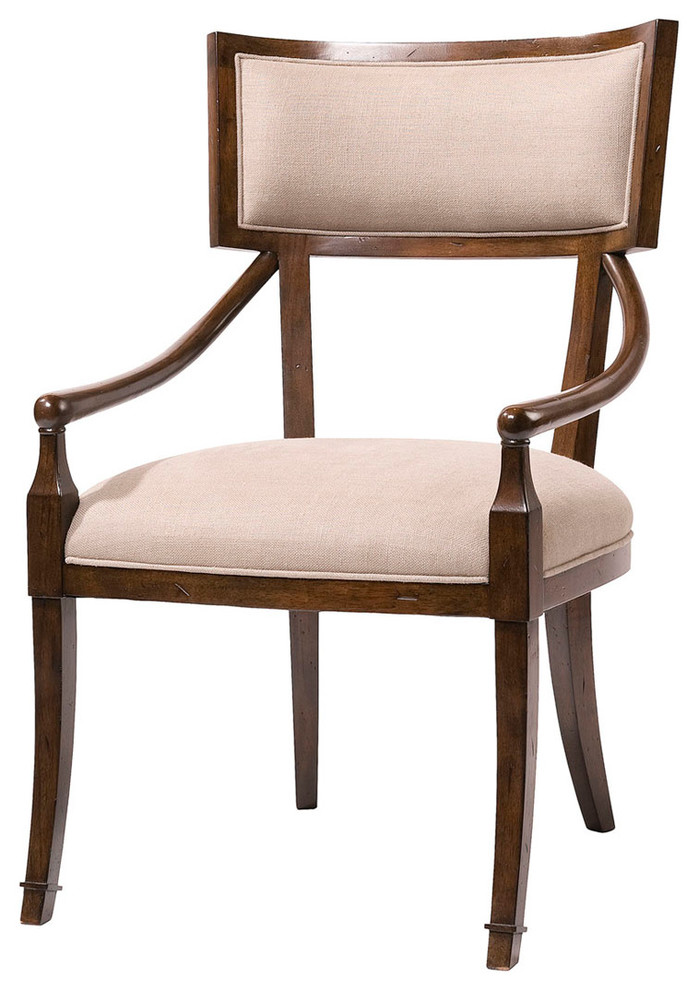 Elliott Greek Klismos Dark Brown Dove Linen Dining Arm Chair