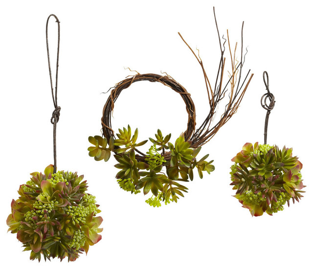 Nearly Natural Mixed Succulent Wreath and Spheres (Set of 3)