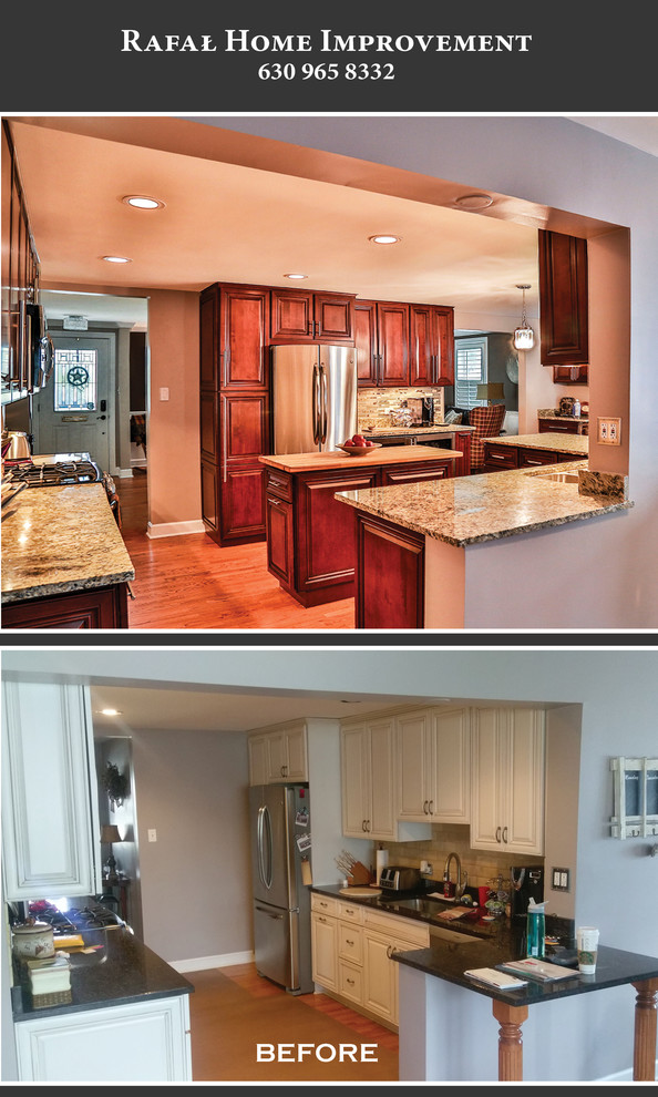 Photo of a large traditional l-shaped kitchen in Chicago with an undermount sink, raised-panel cabinets, brown cabinets, granite benchtops, beige splashback, mosaic tile splashback, stainless steel appliances and light hardwood floors.