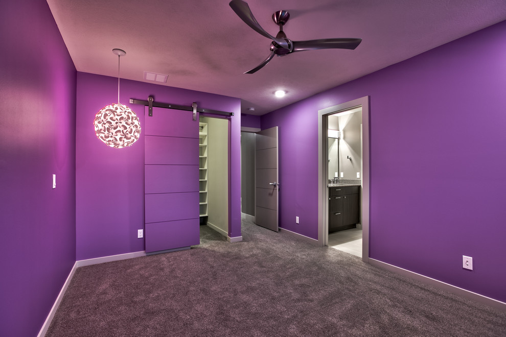 Bedroom - mid-sized modern guest carpeted bedroom idea in Omaha with gray walls and no fireplace