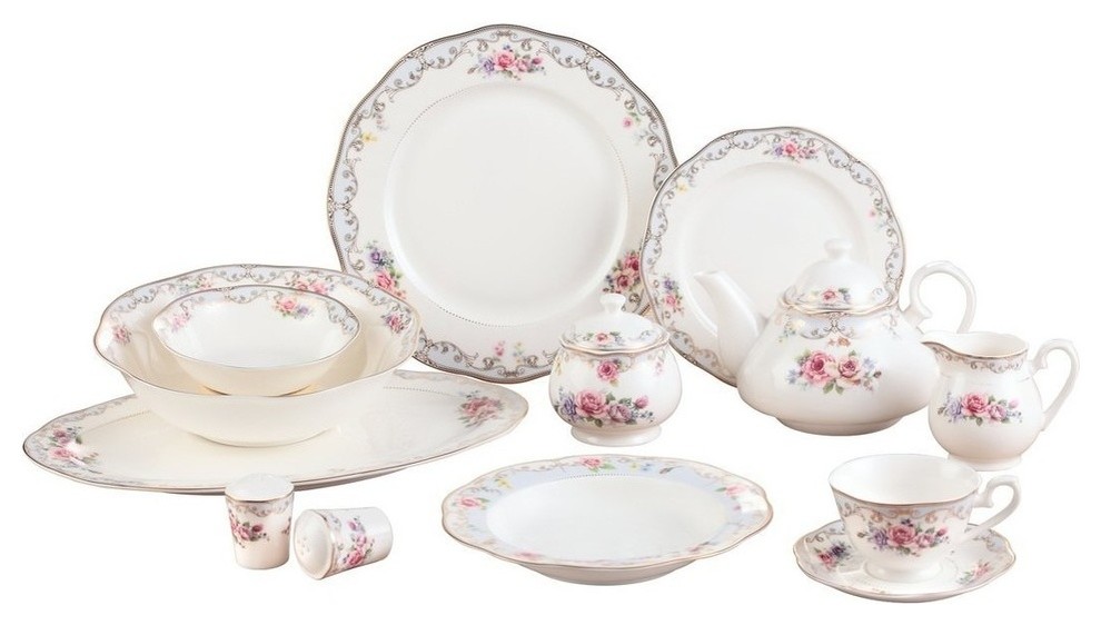 Royalty Porcelain 57pc Banquet Dinnerware Set for 8, (ROMANTIC BLOOM