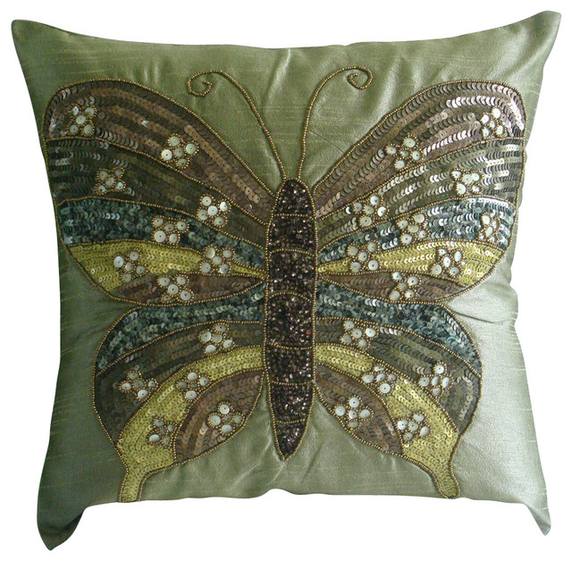 Butterfly Theme Art Silk Olive Green Pillow Cases, Butterfly Envy, 16"x16" Modern Decorative