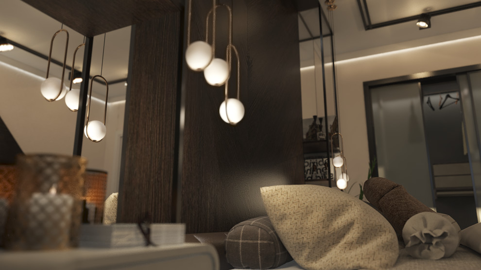 Спальня с гардеробной для молодой пары.