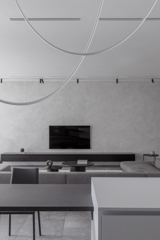 Ispirazione per un soggiorno contemporaneo di medie dimensioni con pareti grigie e pavimento in gres porcellanato