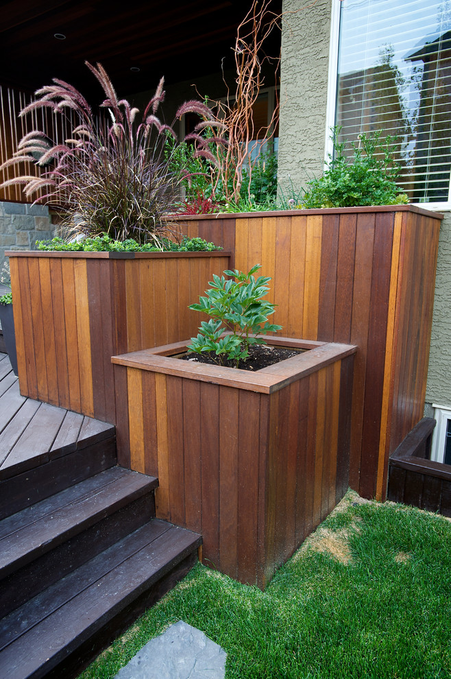 Mid-sized traditional backyard garden in Calgary with a container garden.