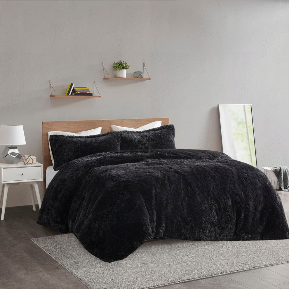 Intelligent Design Malea Shaggy Fur Duvet Cover Set, Black