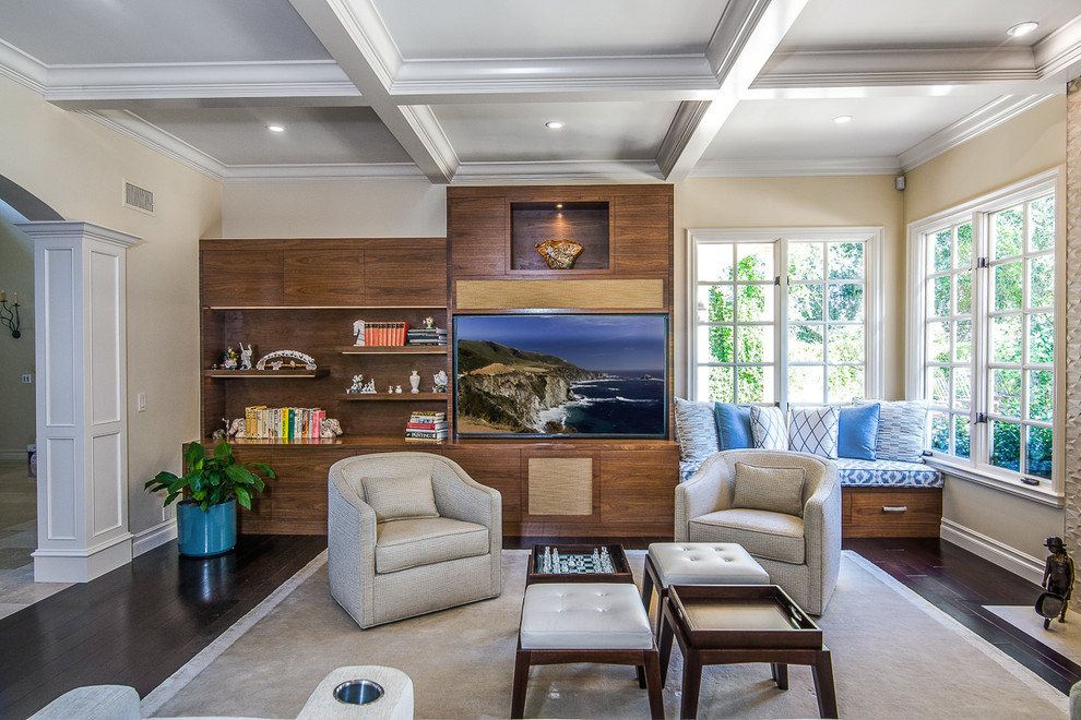 This is an example of a large midcentury open concept family room in Los Angeles with beige walls, a standard fireplace, a tile fireplace surround, a built-in media wall, a home bar, dark hardwood floors and brown floor.