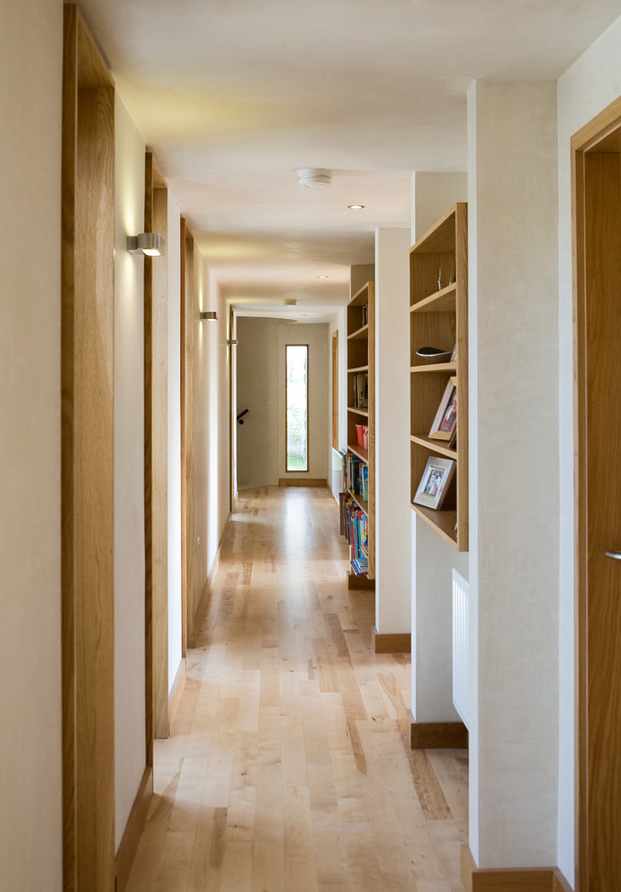 Contemporary hallway in Other with white walls and light hardwood floors.